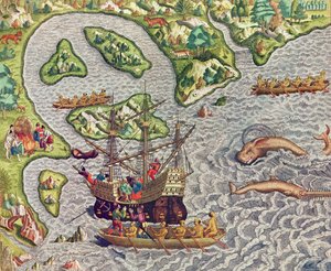 Americae Tertia Pars, unser Schiff mit Hilfe eines barbarischen Bootes besteigend (Seite 333), 1562 von Theodore de Bry